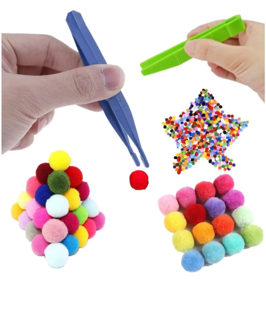 Kit de pinças e pompons para atividades motoras — imagem real do produto