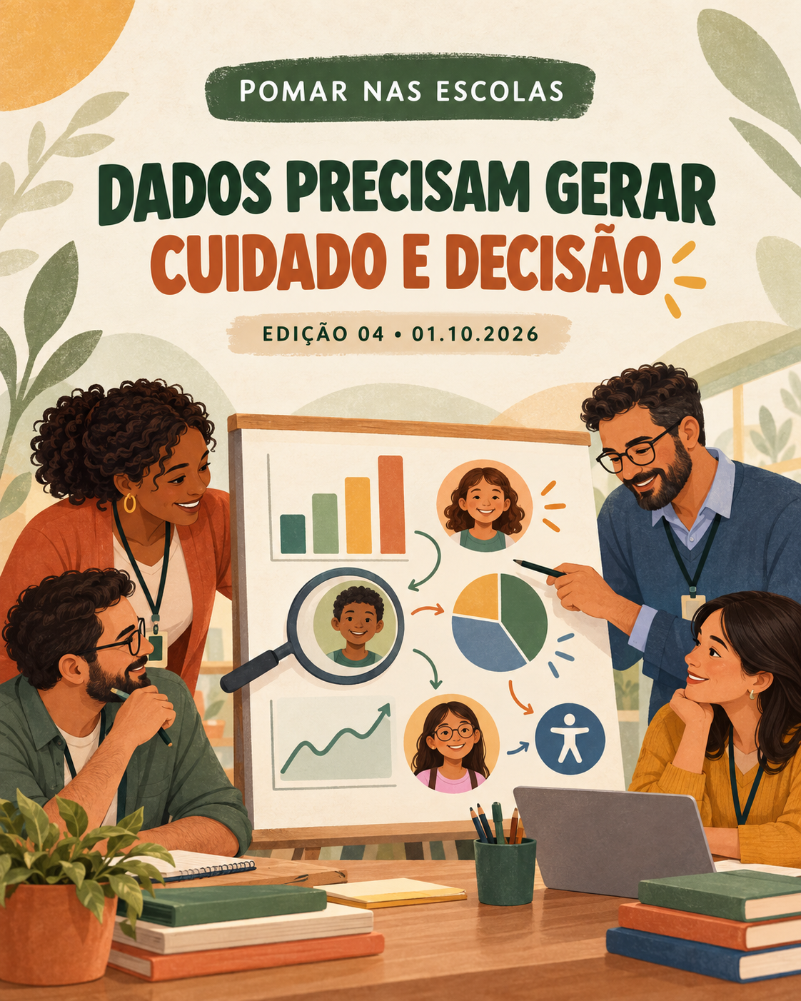 Equipe escolar analisando dados de aprendizagem, participação e inclusão. Newsletter Pomar nas Escolas, Edição 04.