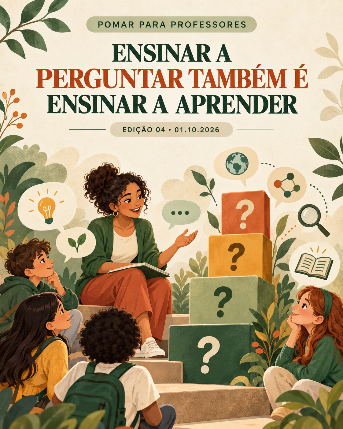 Professora e estudantes reunidos diante de uma escada de perguntas. Newsletter Pomar para Professores, Edição 04.