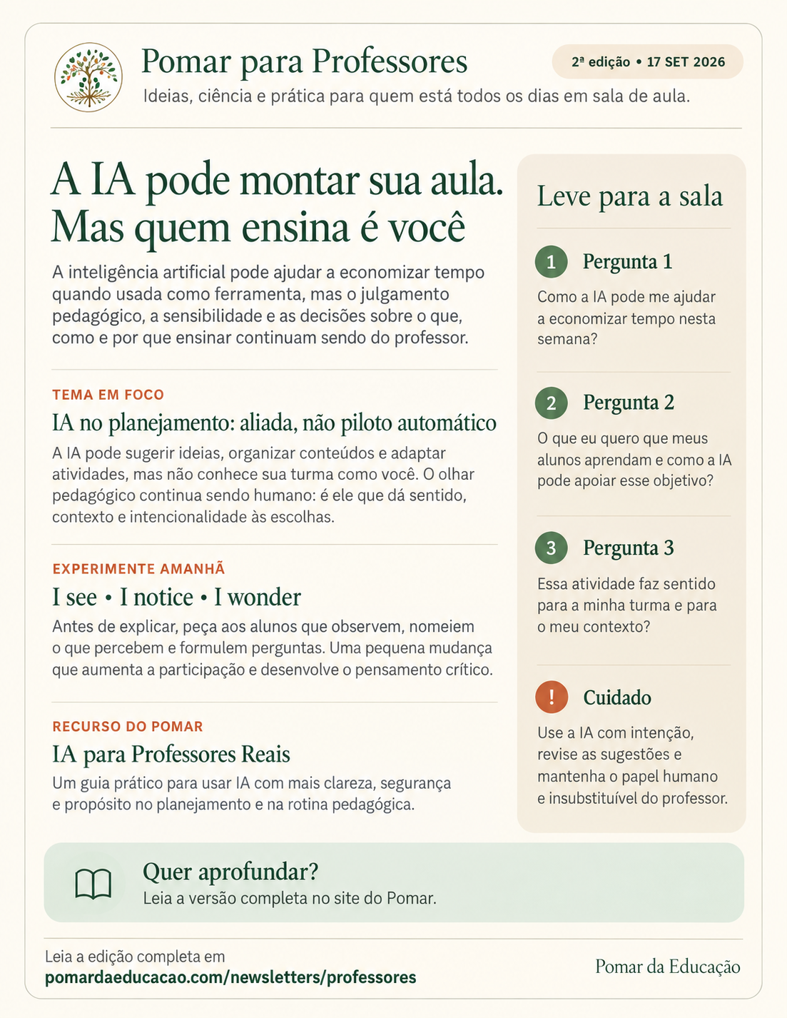 Versão resumida da 2ª edição da newsletter Pomar para Professores, de 17 de setembro de 2026